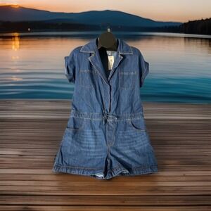 Belinda Denim Jumper Womens Large Cap Sleeves Pockets Short Shorts Draw Belt